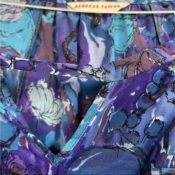 Rebecca Taylor Sz 6 Silk Top Blouse Abstract Floral Boho 3/4 Sleeve Peasant - Picture 10 of 16